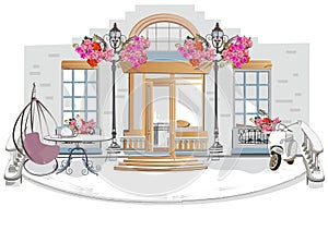 Series of backgrounds decorated with flowers, old town views and street cafes. photo